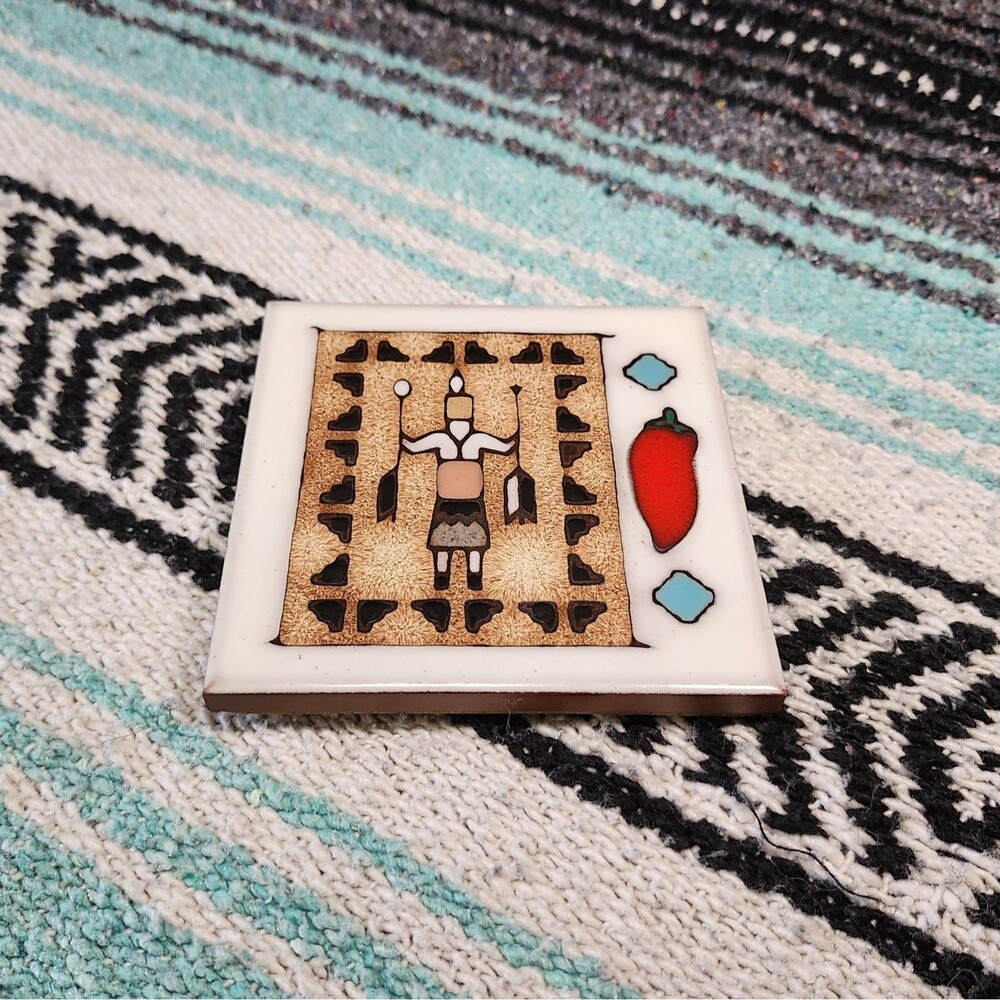 Vintage Masterworks Southwest Ceramic Tile Trivet Spirit Rug White Hand Painted